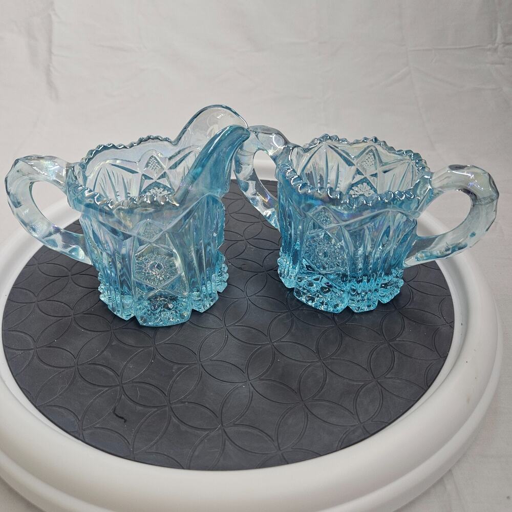 Vintage Imperial Glass Irridescent Blue Cream and Sugar